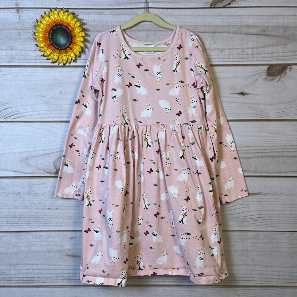 Hanna Andersson‎ Pink Bunny Dress Kids Size 10 Long Sleeve A-Line Easter Cotton